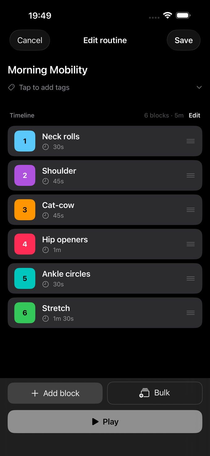 The routine builder showing six draggable blocks with colour swatches and durations.