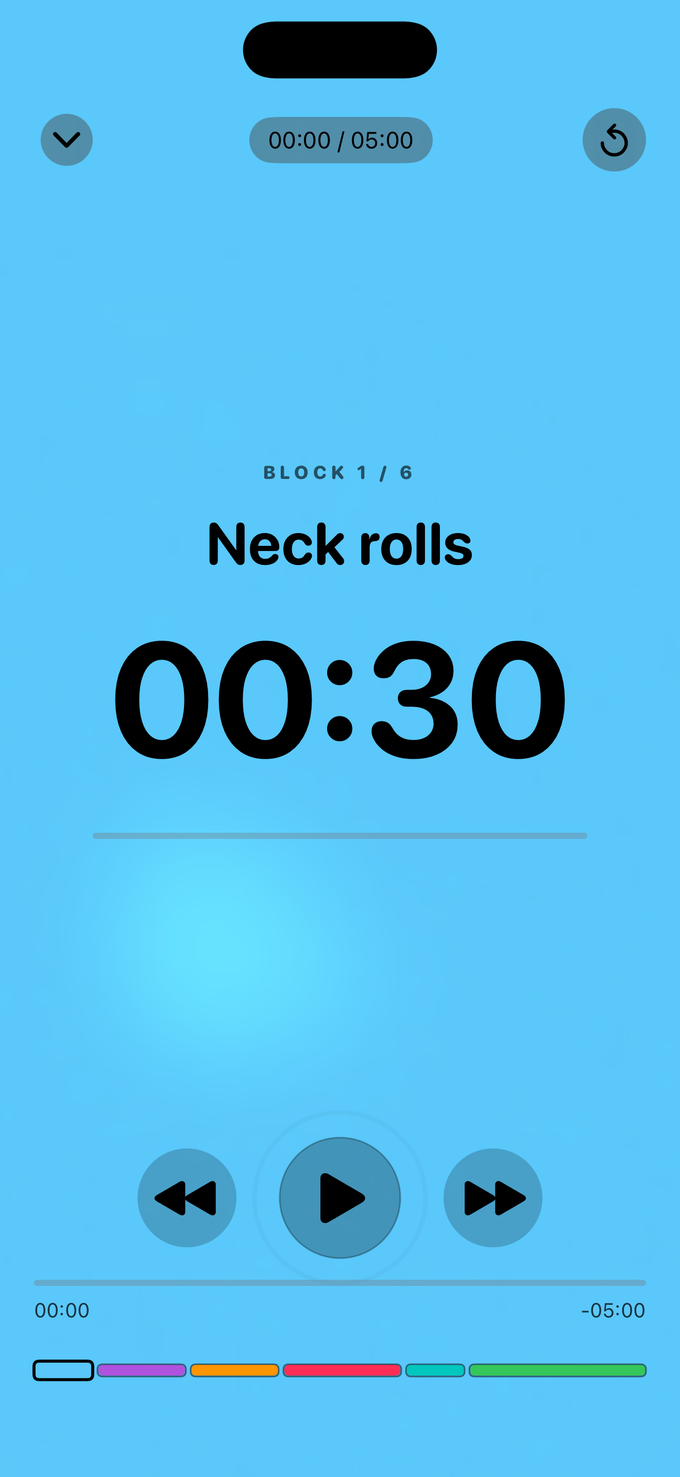 The full-screen player showing the block name Neck rolls and a large 00:30 countdown on a sky-blue background.